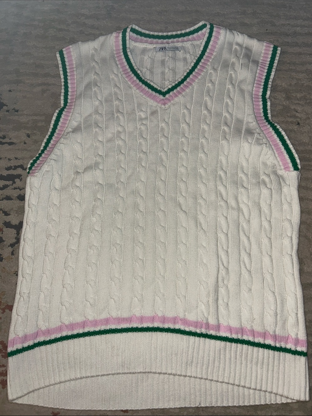 Zara Cream Cable-Knit V-Neck Sweater Vest with Pink & Green Trim